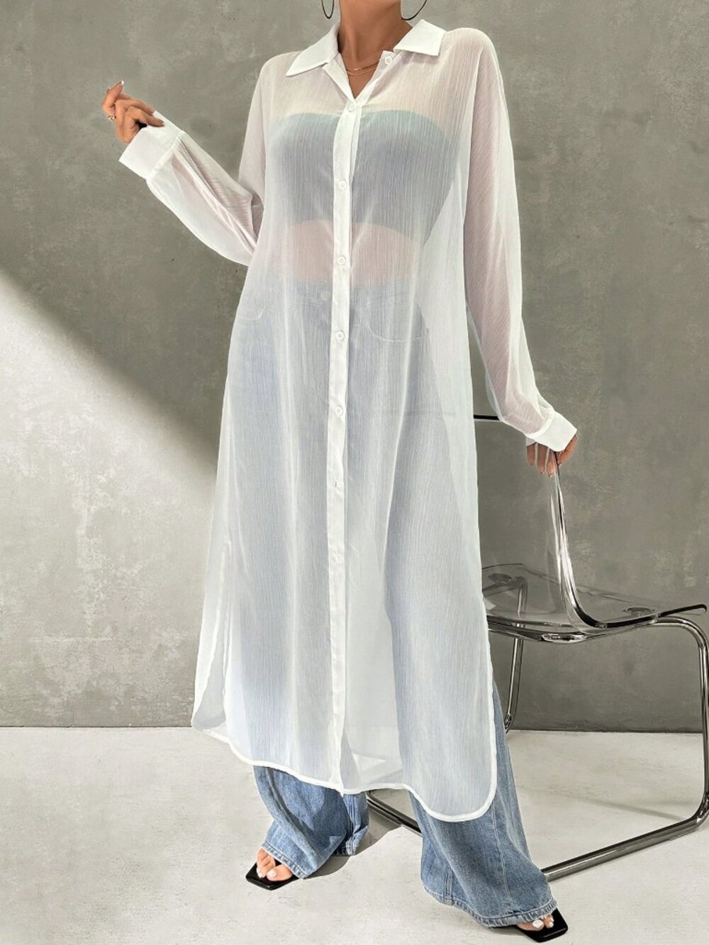White Casual French Women's Ice Silk Sun Protection Cardigan Shirt - Picture 6 of 7